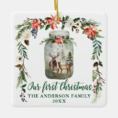 Eerste kerstwinter Floral Deer Family Green Keramisch Ornament (Voorkant)