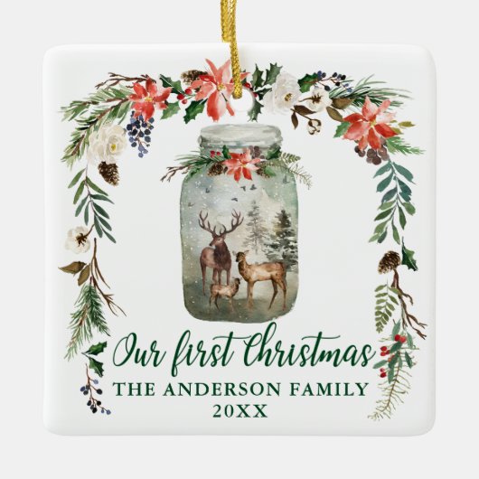 Eerste kerstwinter Floral Deer Family Green Keramisch Ornament (Voorkant)