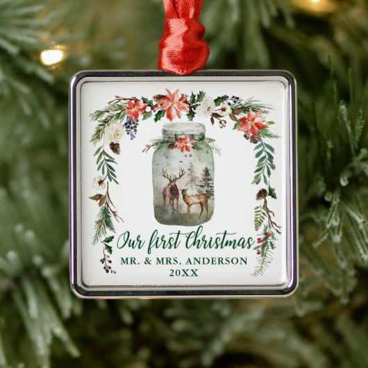 Eerste kerstwinter Floral Deer Green Metalen Ornament (Boom)