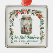 Eerste kerstwinter Floral Deer Green Metalen Ornament (Voorkant)