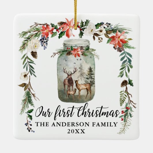 Eerste kerstwinter Floral deer Keramisch Ornament (Achterkant)