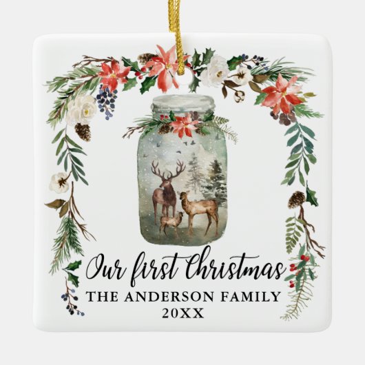 Eerste kerstwinter Floral deer Keramisch Ornament (Voorkant)
