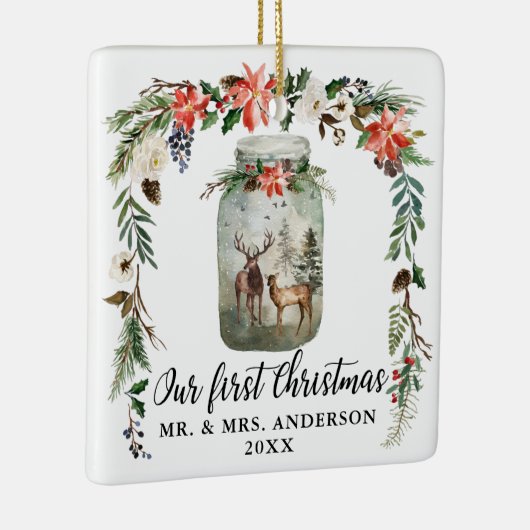 Eerste kerstwinter Floral deer PHOTO BACK Keramisch Ornament (Rechts)