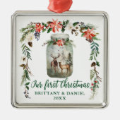 Eerste kerstwinter Floral Deers Green Metalen Ornament (Voorkant)