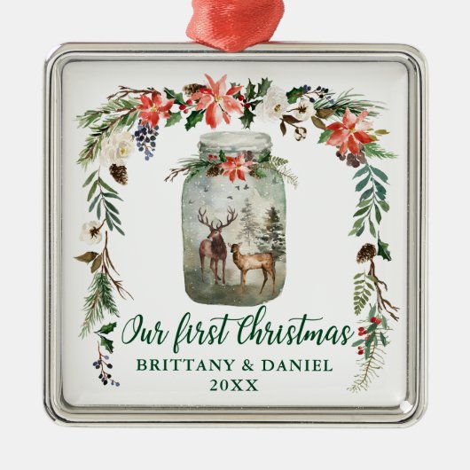 Eerste kerstwinter Floral Deers Green Metalen Ornament (Voorkant)