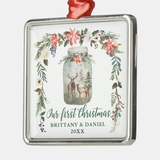 Eerste kerstwinter Floral Deers Green Metalen Ornament (Links)