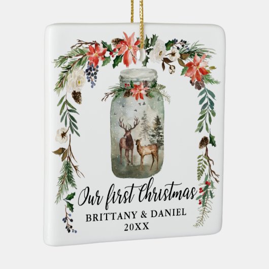 Eerste kerstwinter Floral Deers PHOTO BACK Keramisch Ornament (Rechts)