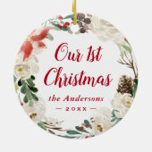 Eerste kerstwinter Floral Wreatfoto op Ivory Keramisch Ornament (Achterkant)