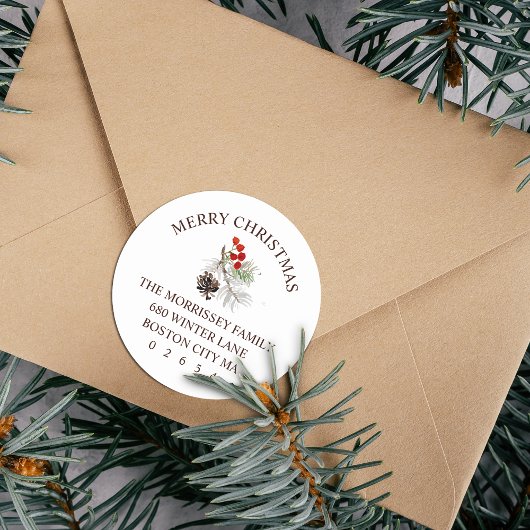 Eerste kerstwinter Sprig Cone Berries Return Addre Ronde Sticker