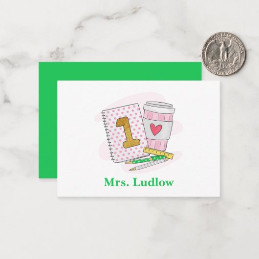 Eerste klas leraar roze Polka Dots Goud 1 Custom Notitiekaartje (Voorkant / Achterkant in situ)