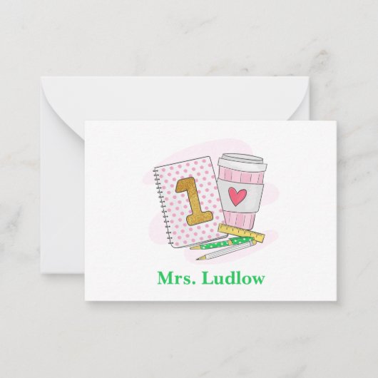 Eerste klas leraar roze Polka Dots Goud 1 Custom Notitiekaartje (Voorkant)