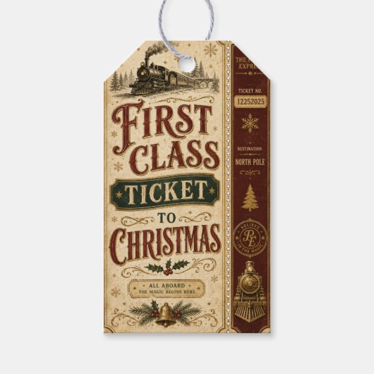 Eerste Klas Ticket naar Kerstmis Cadeaulabel (Voorkant)