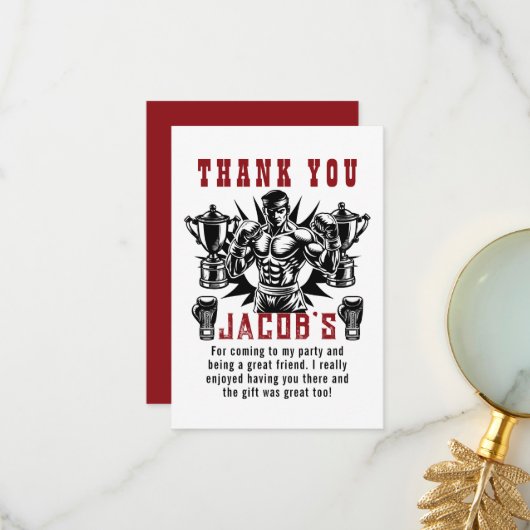 Eerste knock-out boksen verjaardagsfeestje bedankkaart (Voorkant / Achterkant in situ)