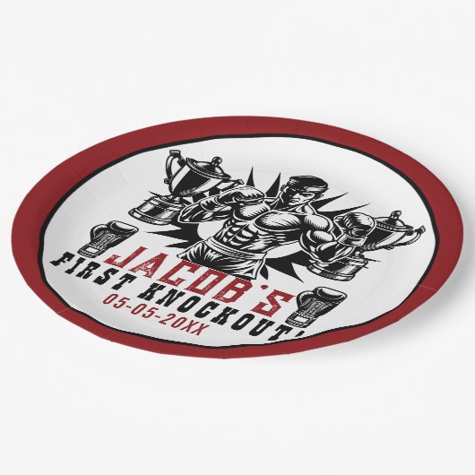 Eerste knock-out boksen verjaardagsfeestje papieren bordje (Gekanteld)
