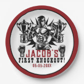Eerste knock-out boksen verjaardagsfeestje papieren bordje (Voorkant)