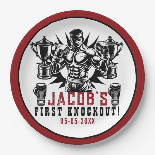 Eerste knock-out boksen verjaardagsfeestje papieren bordje (Voorkant)