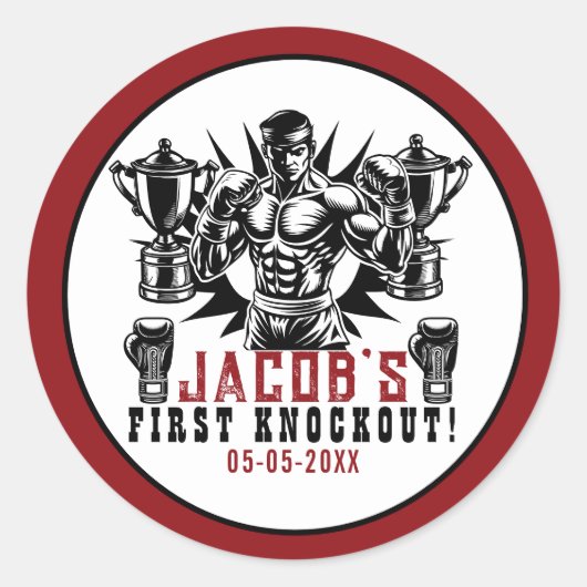 Eerste knock-out boksen verjaardagsfeestje ronde sticker (Voorkant)