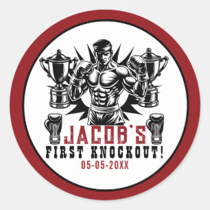 Eerste knock-out boksen verjaardagsfeestje ronde sticker