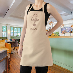 Eerste koffie beige mocha naam script schort