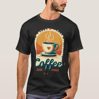 Eerste koffie | Vintage zonsondergang Retro hartko T-shirt