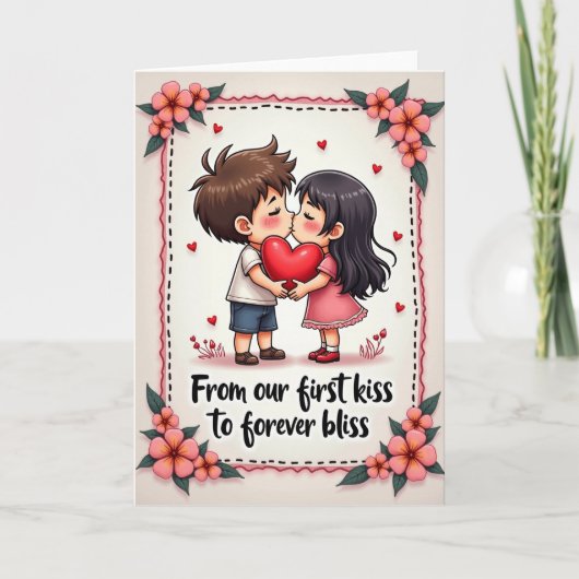 Eerste Kus Schattig Stel Kaart (Voorkant)