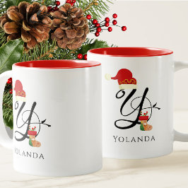 Eerste letter Y moderne naam script elegante kerst Tweekleurige Koffiemok