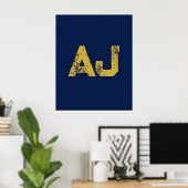 Eerste letters monogram goud & blauw effen eenvoud poster (Thuiskantoor)