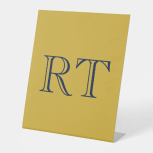 Eerste letters monogram goud & blauw effen eenvoud reclamebord met voetstuk
