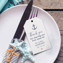 Eerste maaltijd nautisch huwelijksgeschenklabel