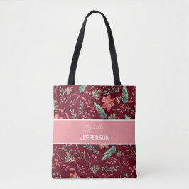 Eerste maroon Red Green Flowers Monogram Tote Bag
