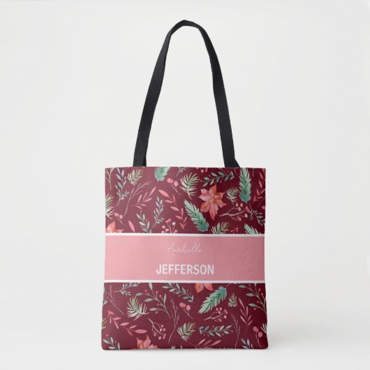 Eerste maroon Red Green Flowers Monogram Tote Bag (Voorkant)