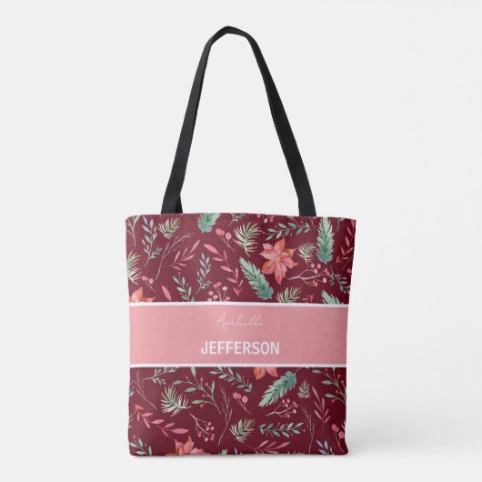 Eerste maroon Red Green Flowers Monogram Tote Bag (Achterkant)