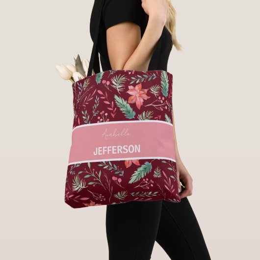 Eerste maroon Red Green Flowers Monogram Tote Bag (Dichtbij)