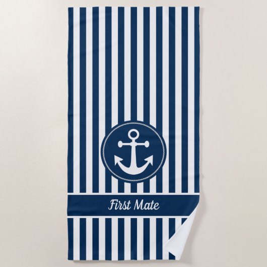 Eerste Mate Nautisch Anker Touw Marine Blauwe Stre Strandlaken (Voorkant)