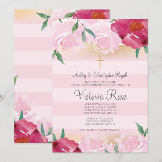 Eerste mededeling ~ Faux Gold Floral roze Stripe Kaart (Voorkant / Achterkant)