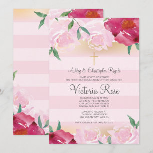 Eerste mededeling ~ Faux Gold Floral roze Stripe Kaart