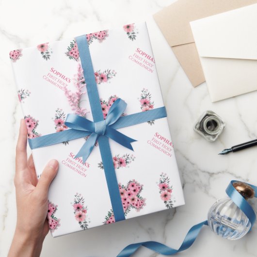 Eerste meisje van de Heilige Communie Roze Bloemkr Cadeaupapier (Geschenken)