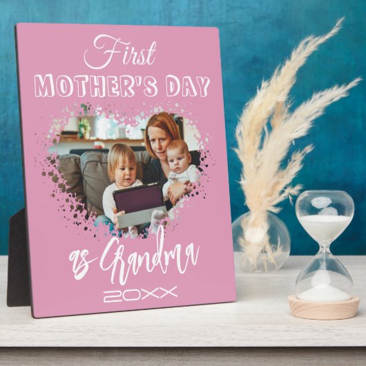 Eerste Moederdag als oma Pink Heart Fotoplaat (Zijkant)