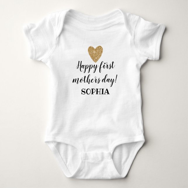 Eerste Moederdag Baby Girl Heart Gold Glitter Romper (Voorkant)