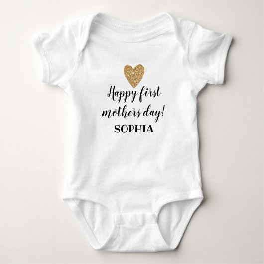 Eerste Moederdag Baby Meisje Hart Gouden Glitter Romper (Voorkant)