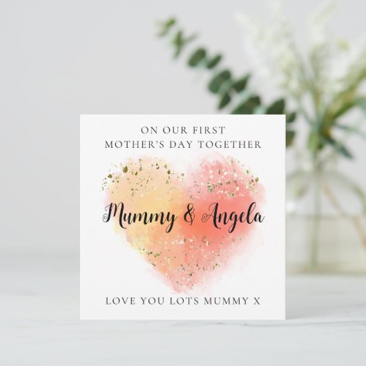 Eerste Moederdag Beste Vrienden Goud sinaasappel h Feestdagenkaart (Staand voorkant)