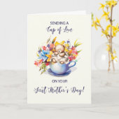 Eerste Moederdag Cup van liefde en Beer Kaart (Gele Bloem)