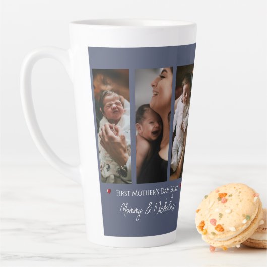 Eerste Moederdag Drie Foto Collage Blauw Latte Mok (In situ)