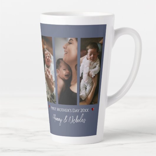 Eerste Moederdag Drie Foto Collage Blauw Latte Mok (Rechts)