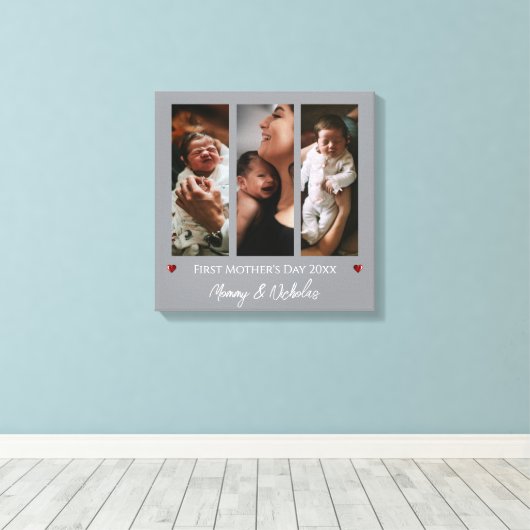 Eerste Moederdag drie fotocollage | Gray Canvas Afdruk (Insitu (Houten vloer))