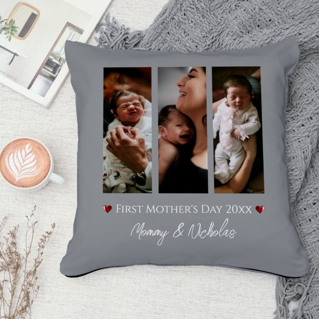 Eerste Moederdag drie fotocollage | Gray Kussen (Gray First Mother's Day Three Photo Collage Throw Pillow)
