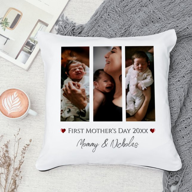 Eerste Moederdag drie fotocollage Kussen (White First Mother's Day Three Photo Collage Throw Pillow)