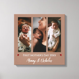 Eerste Moederdag Drie Fotocollage Mocha Brown Canvas Afdruk