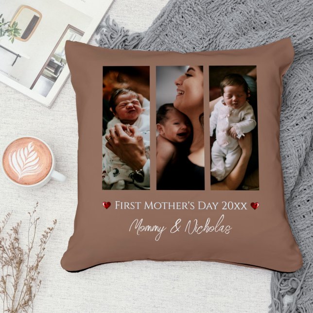 Eerste Moederdag Drie Fotocollage Mocha Brown Kussen (Mocha Brown First Mother's Day Three Photo Collage Throw Pillow)