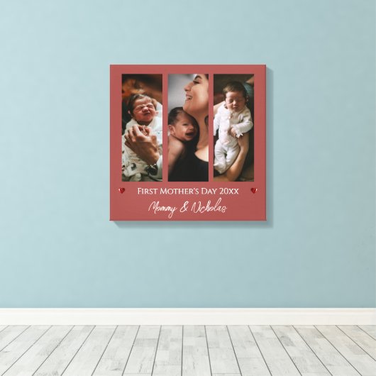 Eerste Moederdag Drie Fotocollage Terracotta Canvas Afdruk (Insitu (Houten vloer))